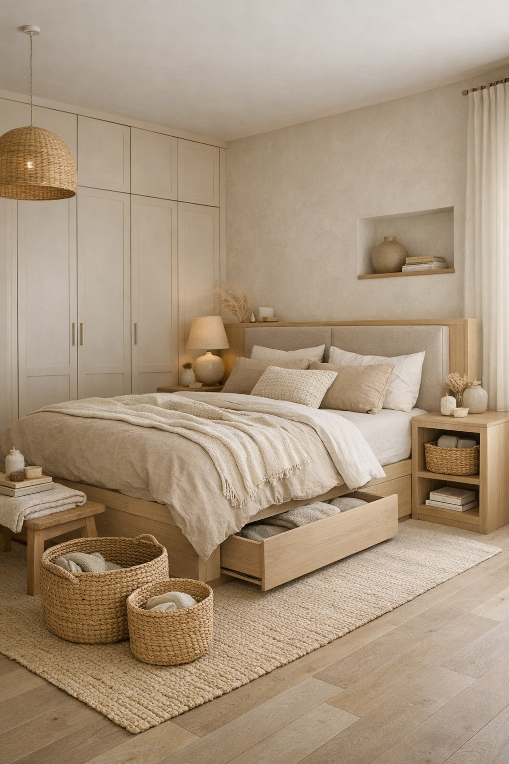 Warm beige bedroom with hidden storage, woven baskets, and soft neutral bedding