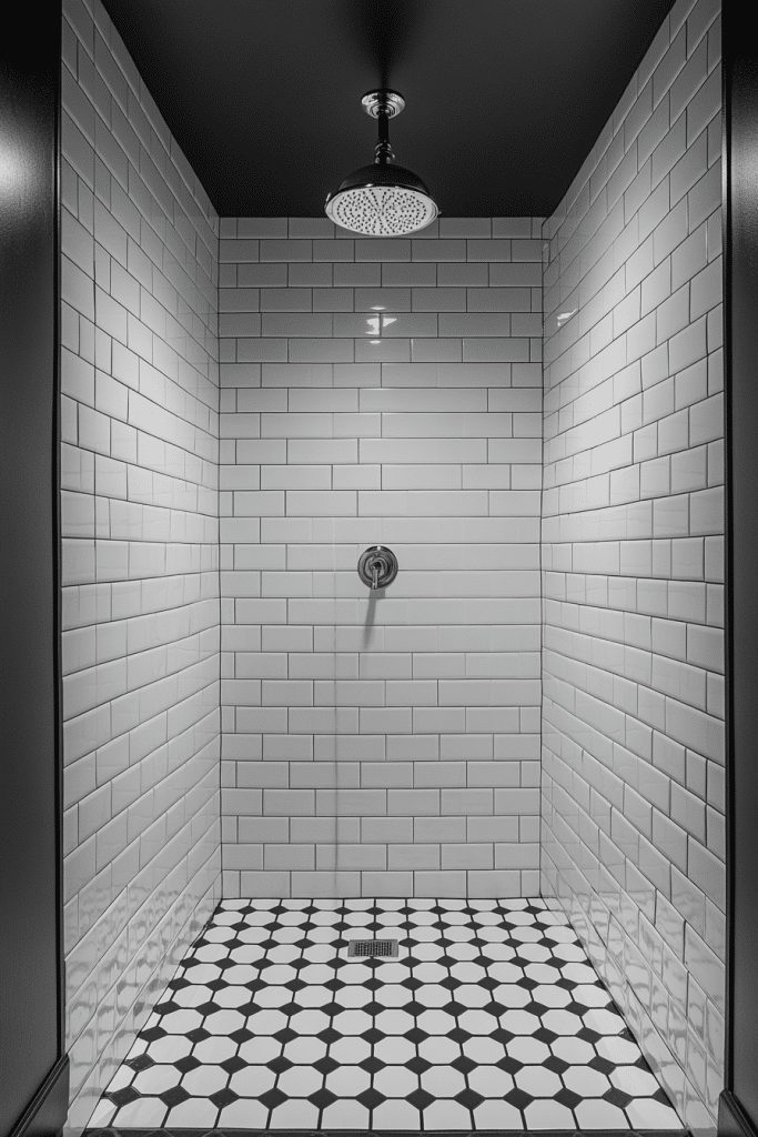 Walk-in shower with contrast grout in a small bathroom.