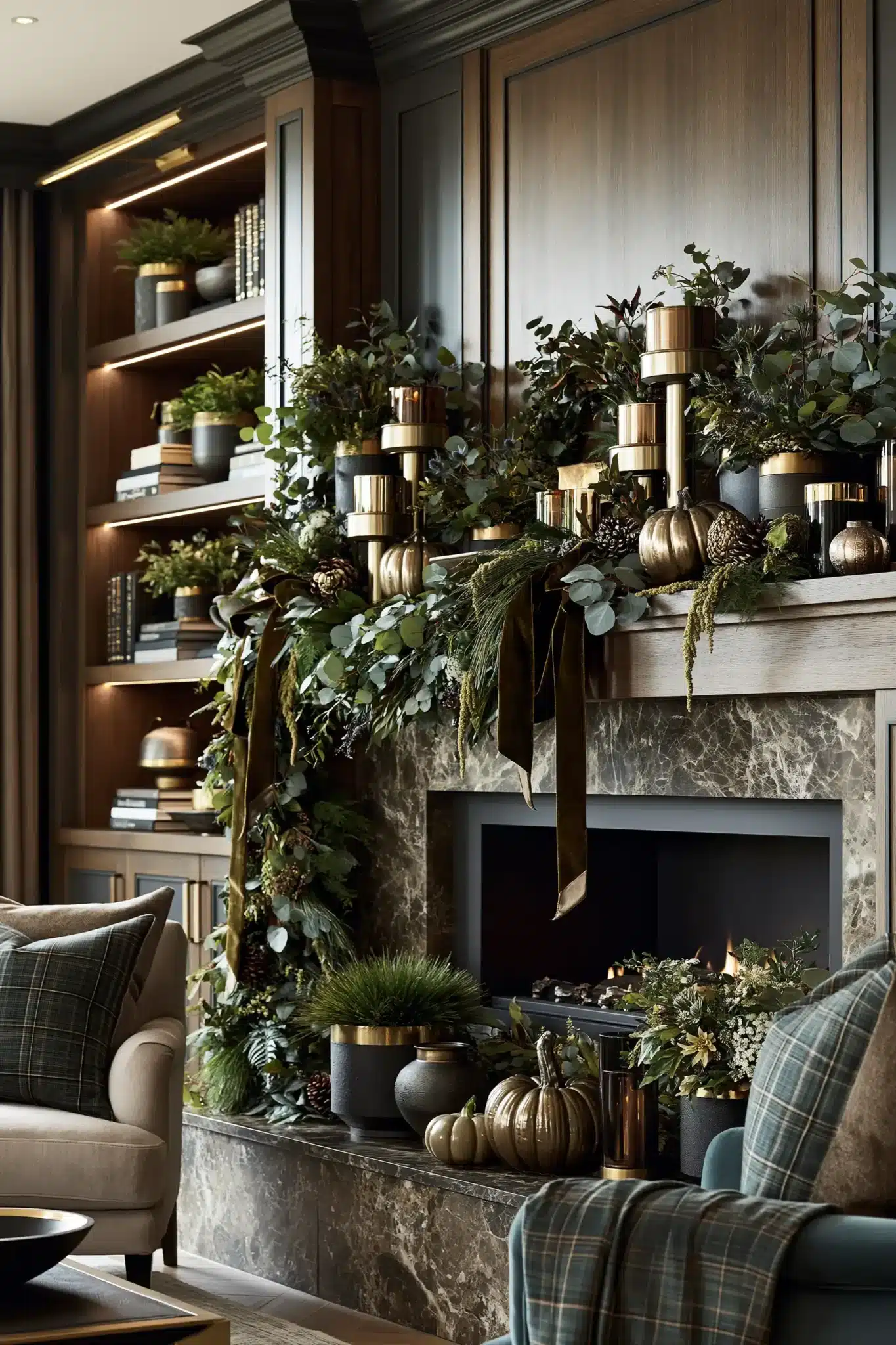 Luxe Thanksgiving mantel with velvet, metallic accents, greenery, and candles.