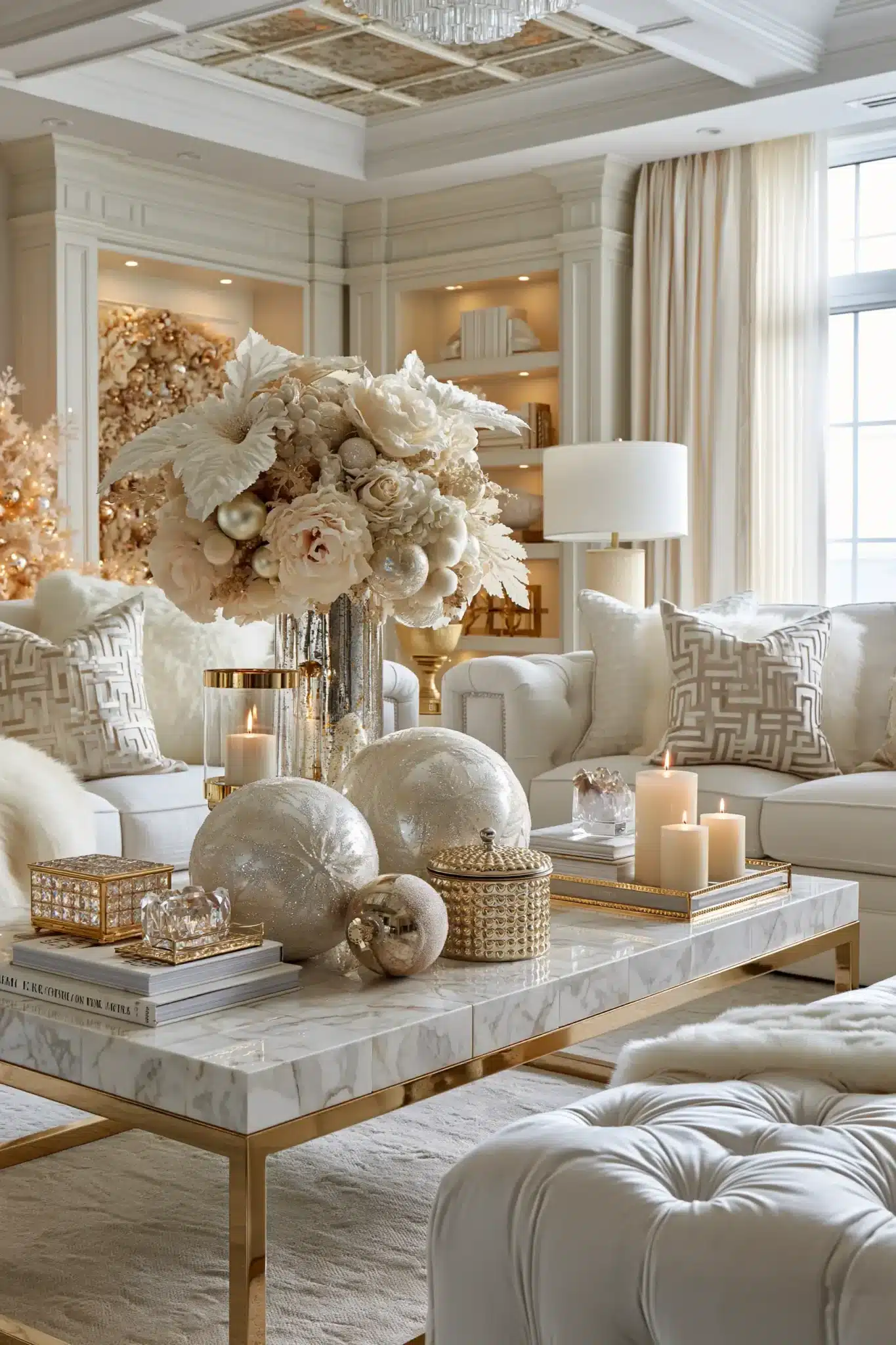 Luxury white holiday room with oversized ornaments, metallic accents, and polished Christmas decor