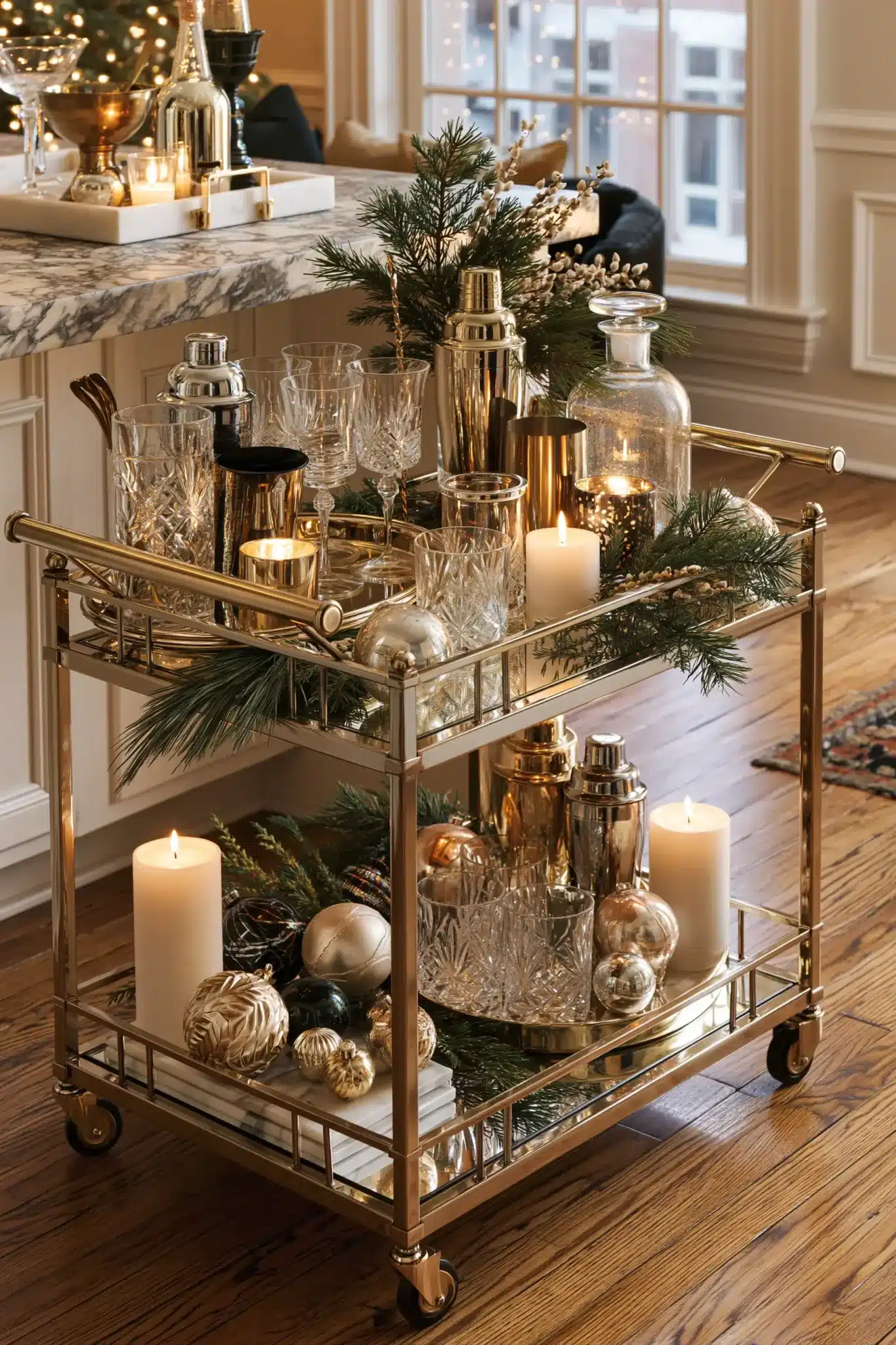 A holiday bar cart styled with glassware, candles, and greenery