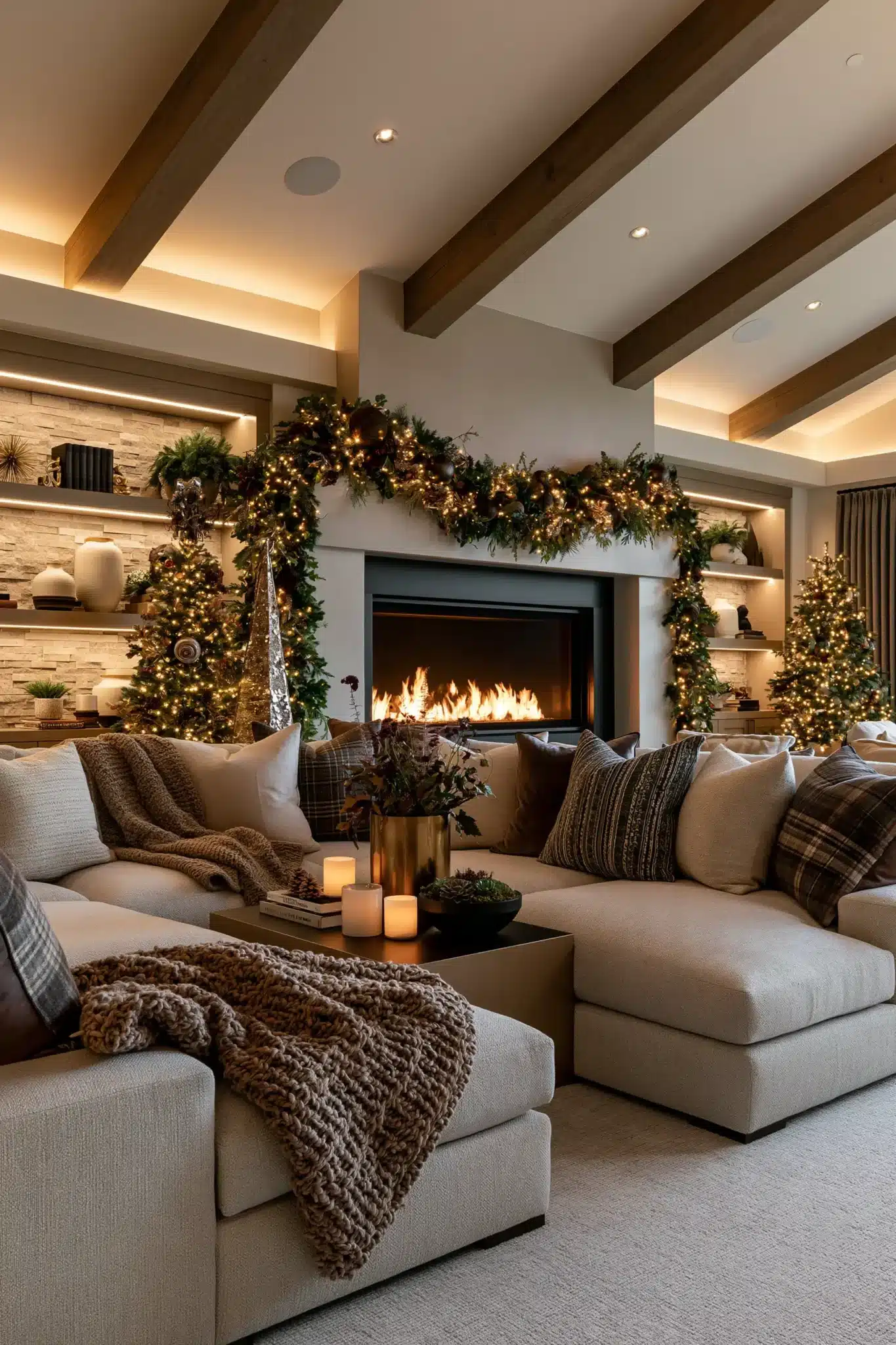 A movie room decorated for Christmas with cozy seating and festive accents