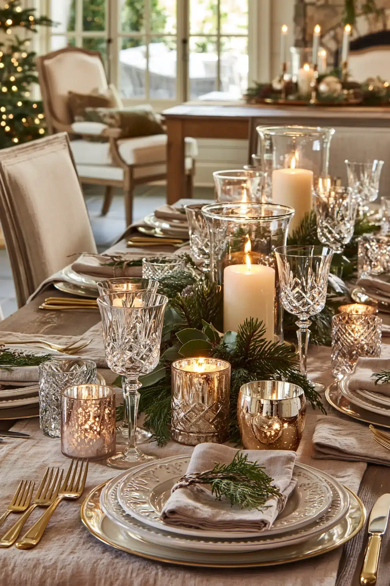 A festive dining room with a refined Christmas tablescape