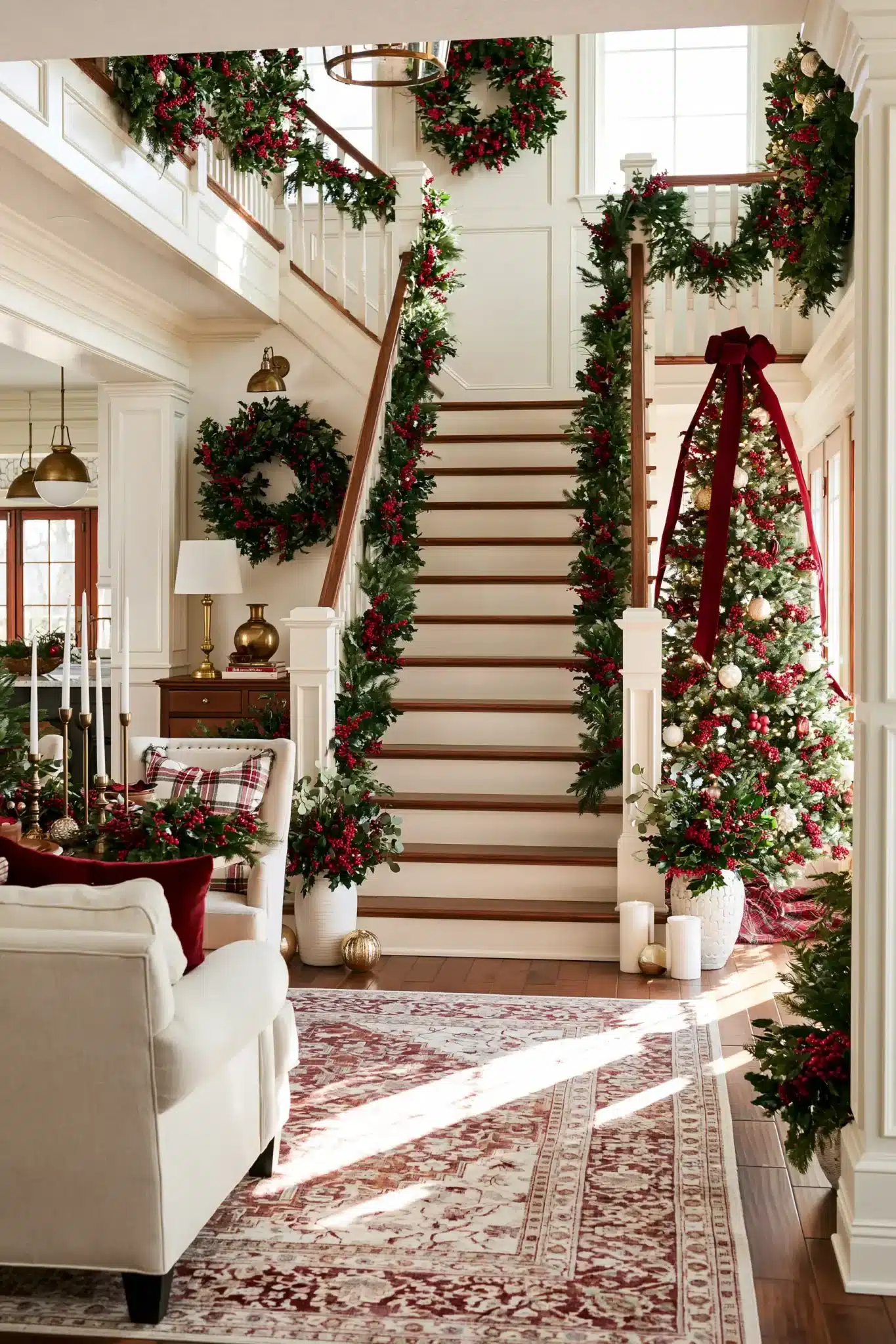 Traditional Christmas decor featuring holly leaves and bright red berries.