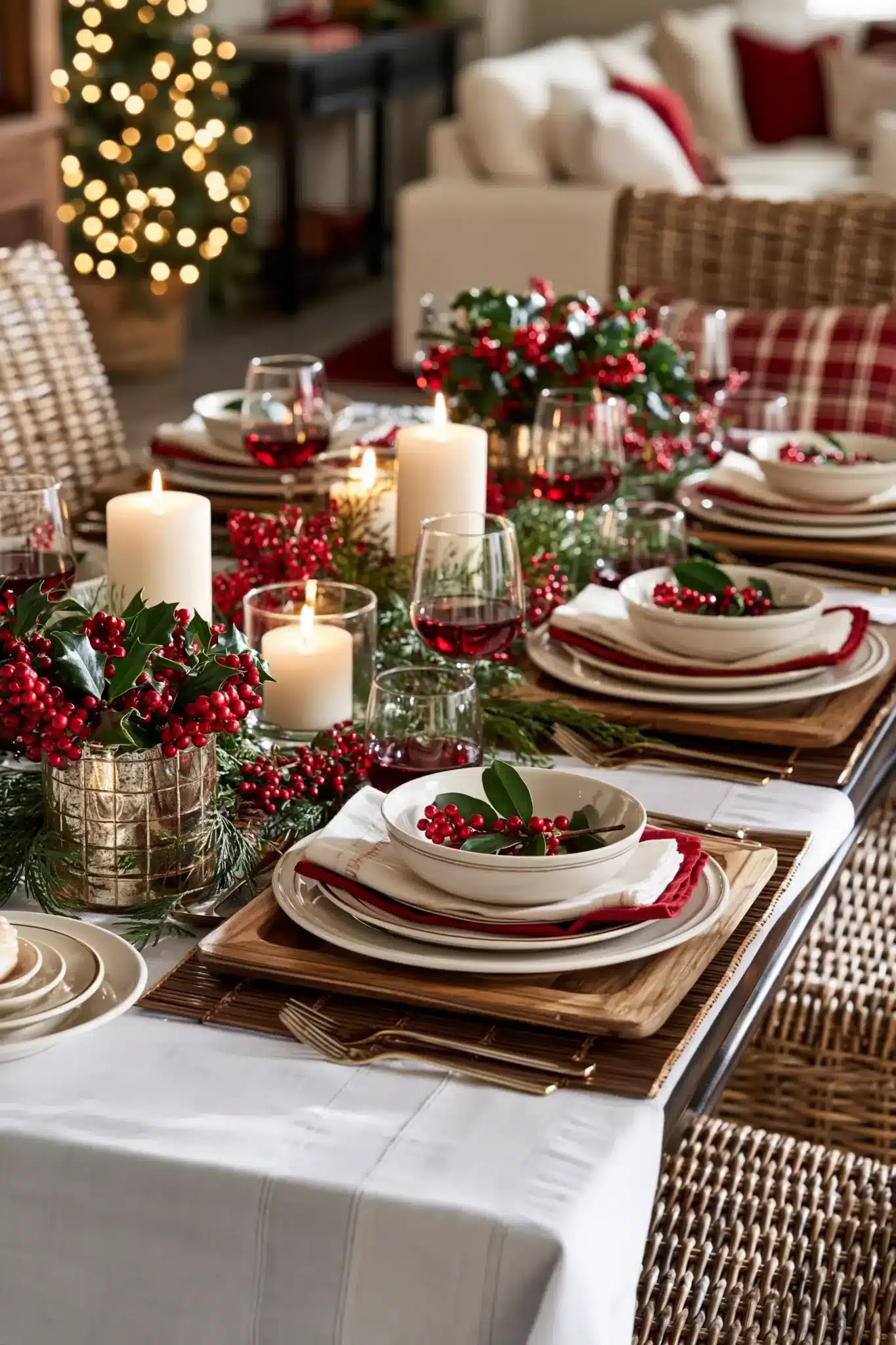 A Christmas table decorated with holly berries, greenery, and candlelight