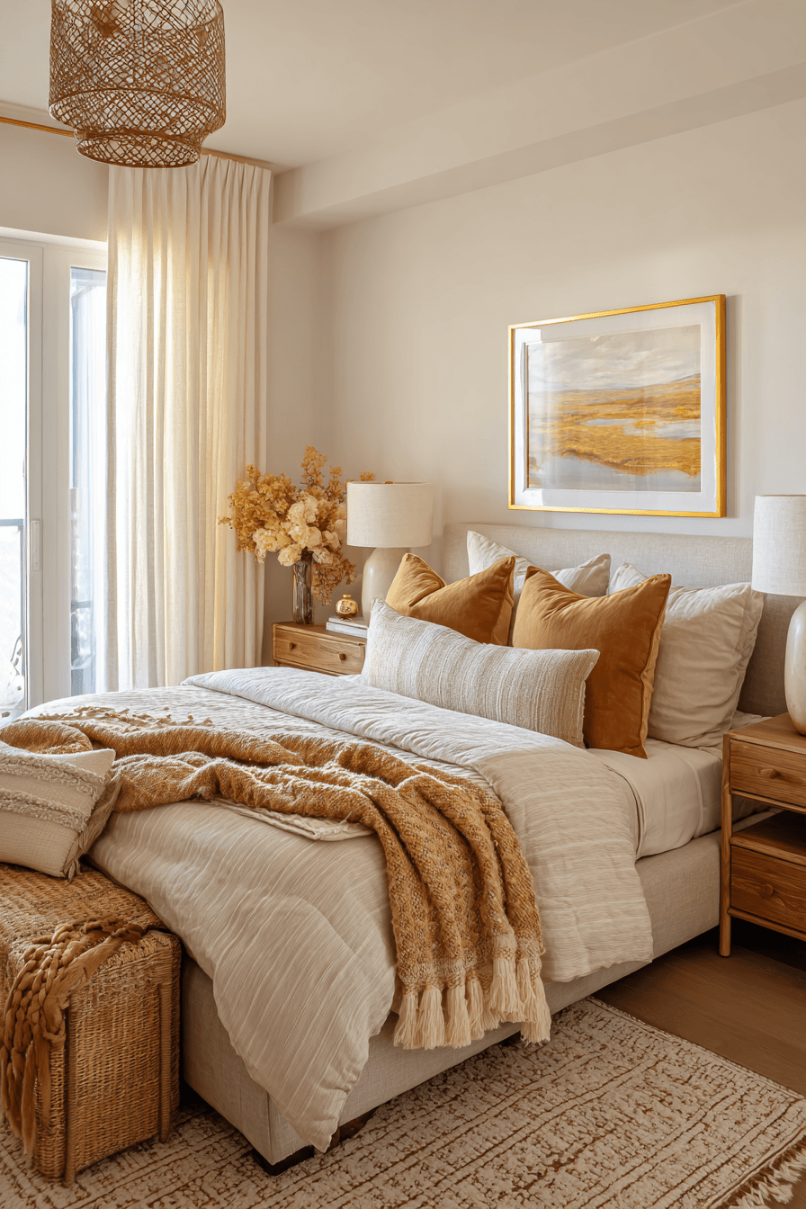 Honey-toned warm neutral bedroom with golden beige walls, woven blinds, and cozy bedding