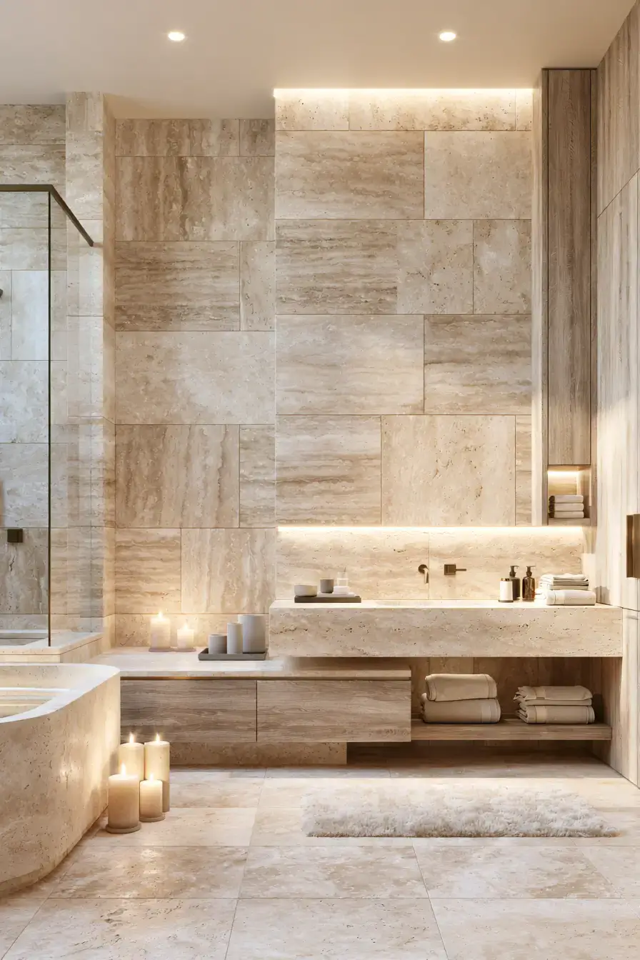 Warm travertine natural stone bathroom with brass accents and wood cabinetry