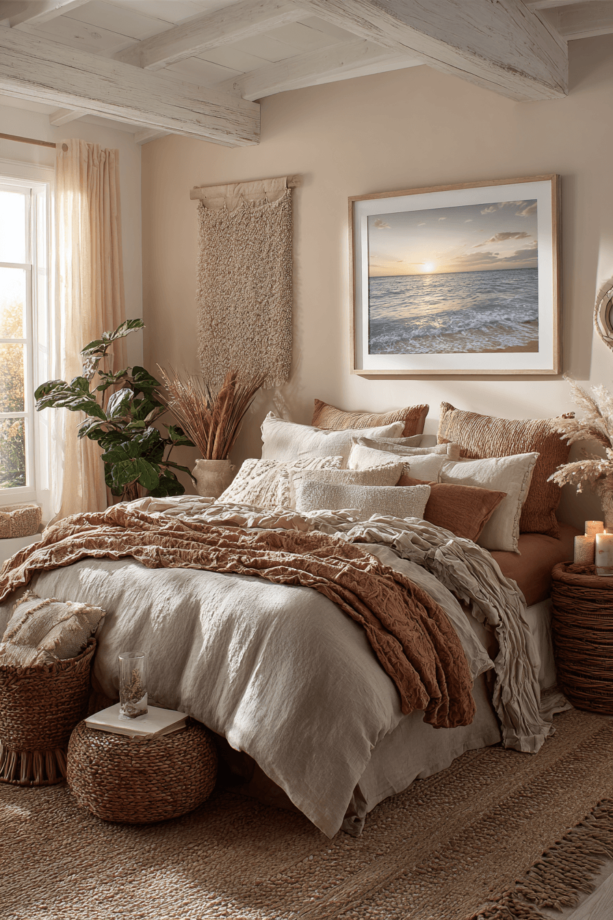 Warm beach bedroom with honey wood, amber lighting, and layered sandy textiles