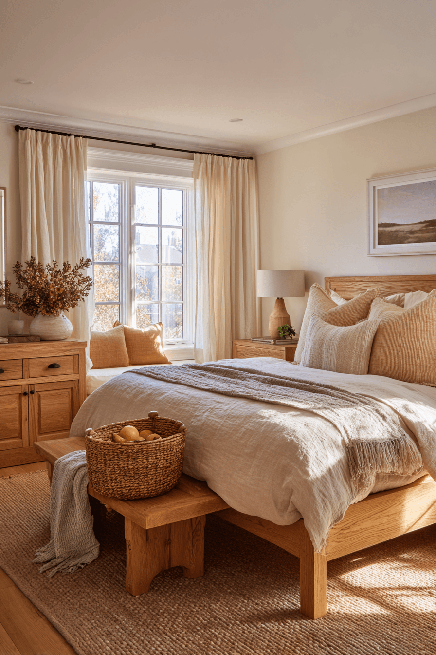 A bedroom with honey-toned wood, cream bedding, and soft golden lighting