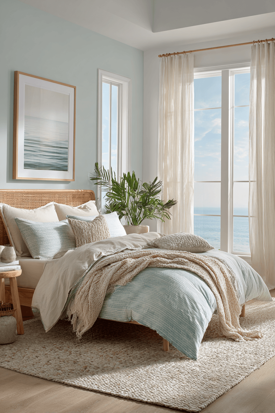 Beach theme bedroom with ombre colors inspired by the horizon where sea meets sky