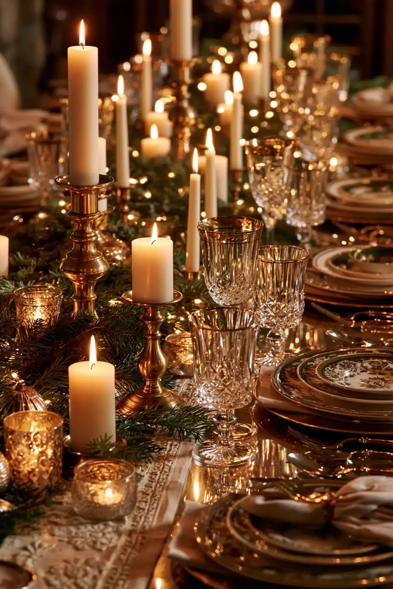 A candlelit Christmas feast table with taper candles, greenery, and warm metallic details