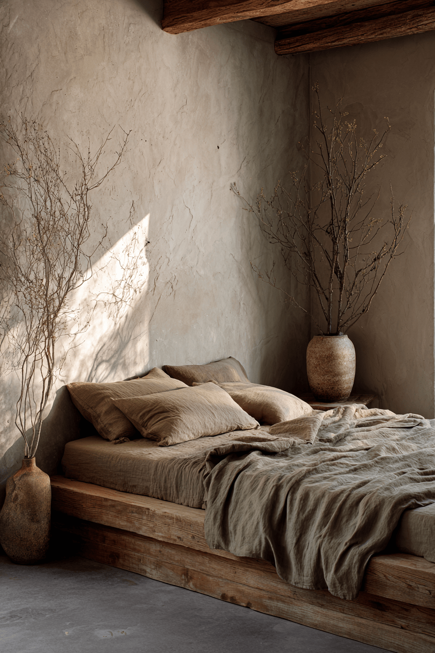 Wabi-sabi inspired bedroom with raw wood, linen bedding, and handmade decor
