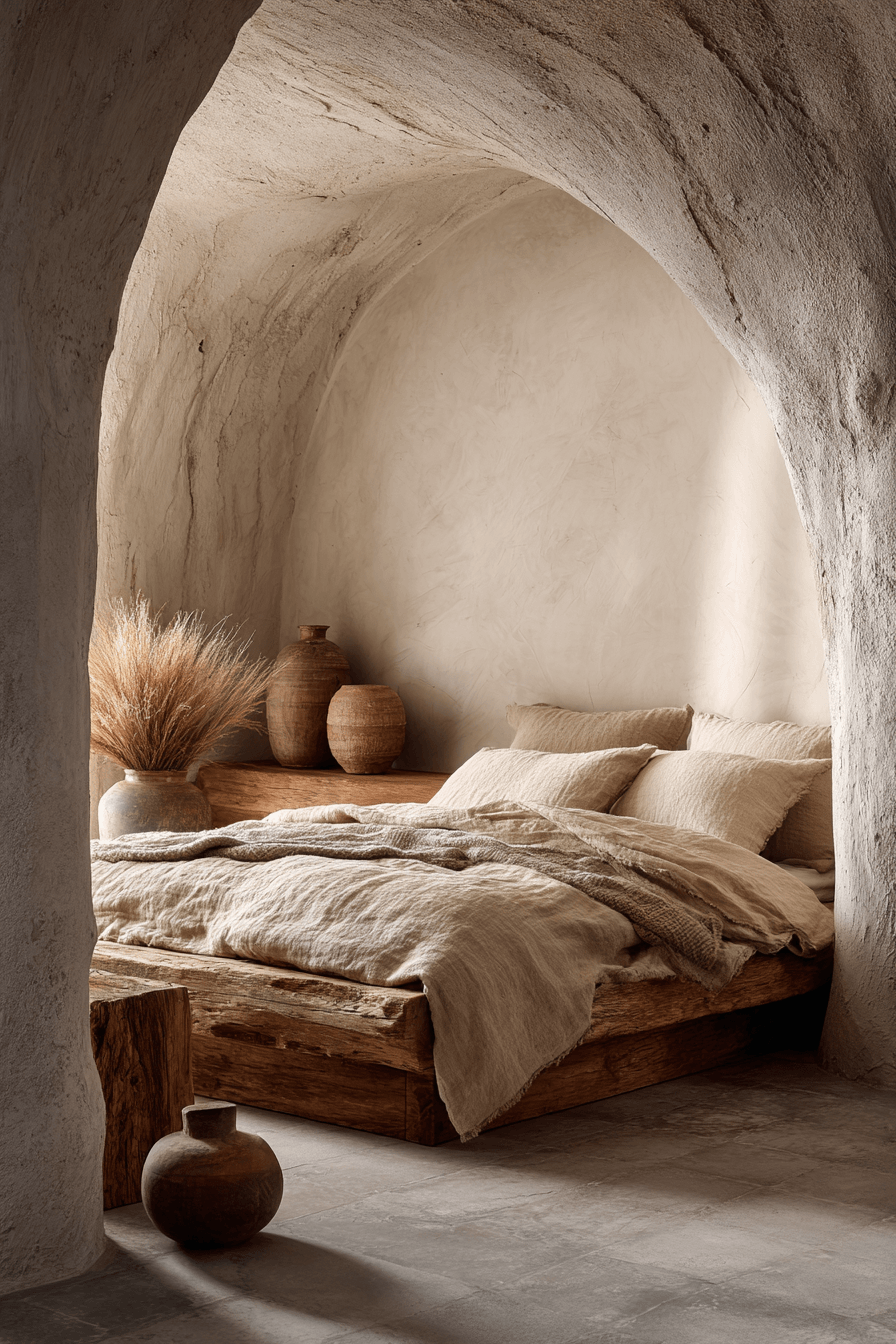 Warm minimalist bedroom with wabi-sabi textures and imperfect natural finishes