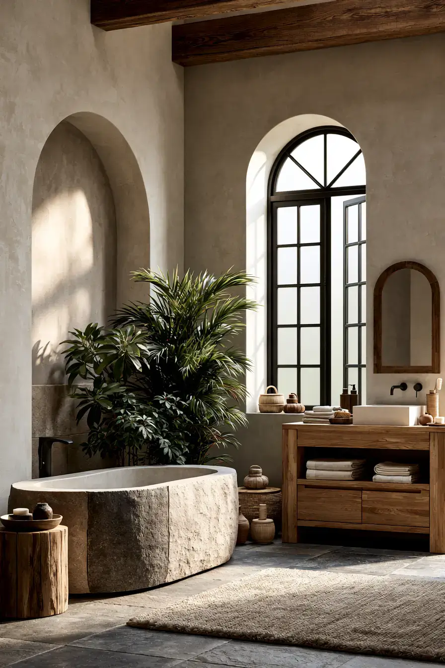 Nature-inspired Japandi bathroom with plants, wood surfaces, and earthy tones