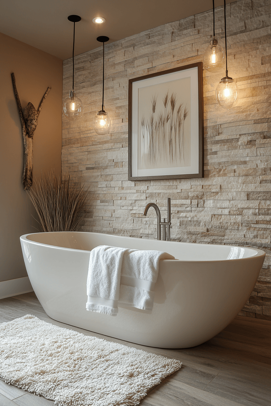 Organic beachy bathroom with stone textures, glass details, and natural finishes