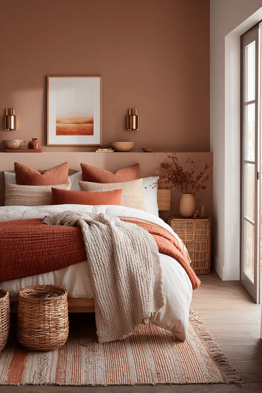 Warm bedroom with terracotta accents, cream bedding, and brass decor details