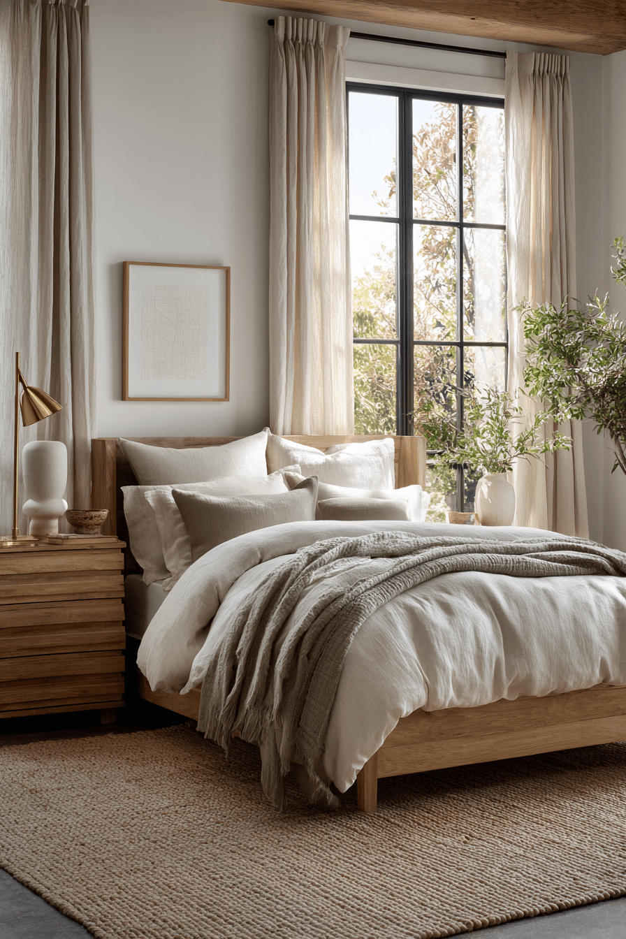 A warm cozy bedroom styled with ivory bedding, warm gray textiles, and light wood furniture.