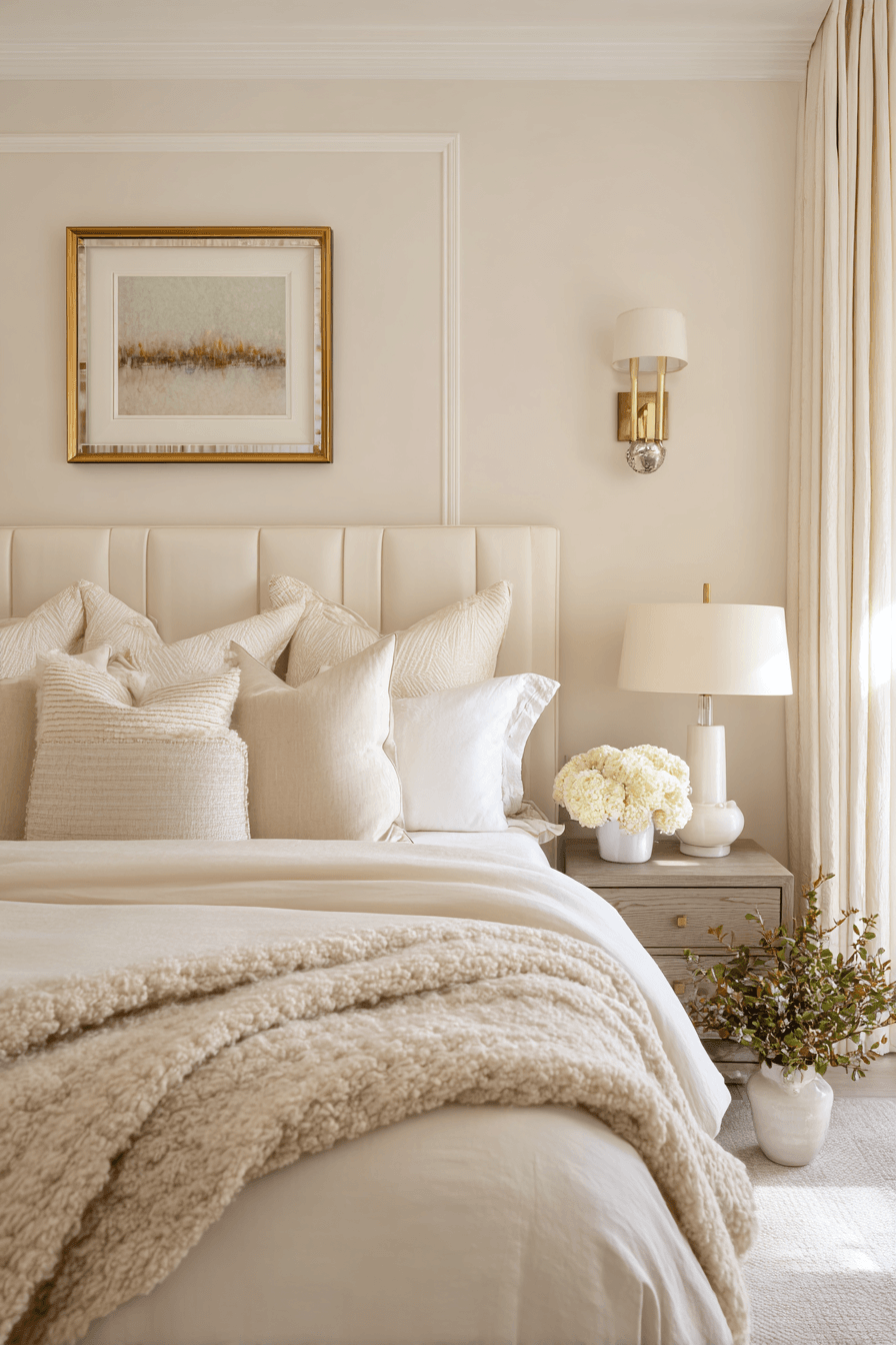 Light-filled warm neutral bedroom with ivory walls, bedding, and sheer curtains