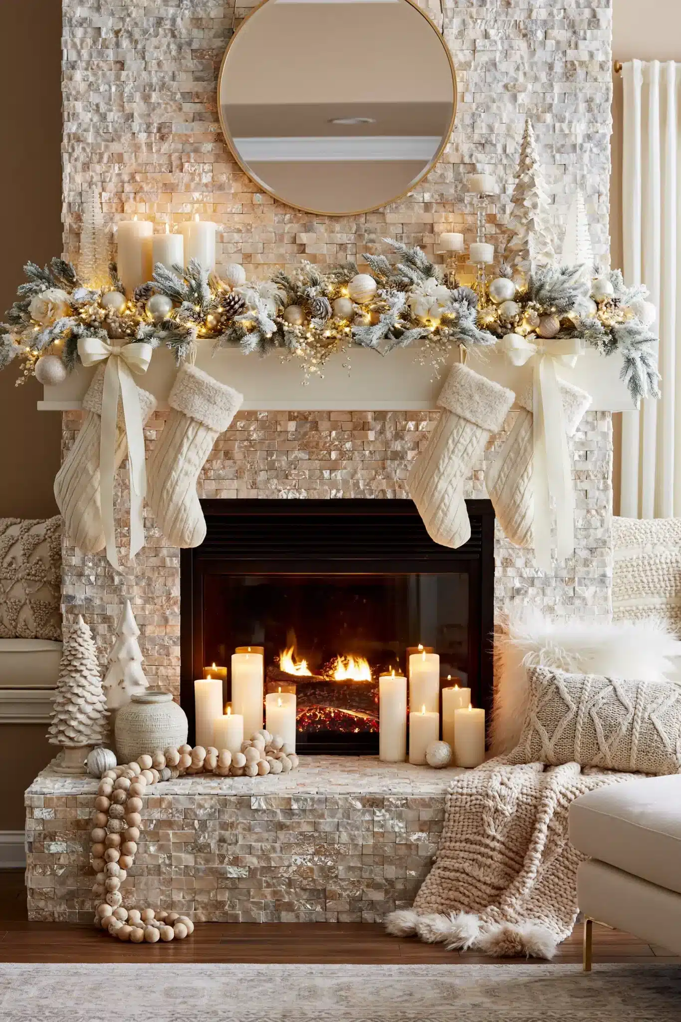 A soft ivory Christmas fireplace with neutral stockings, candles, and frosted greenery.