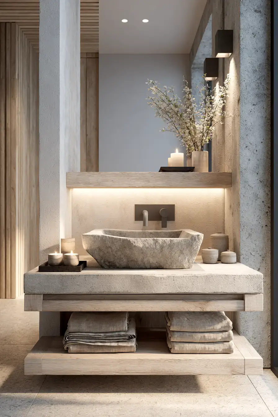 A Japandi bathroom with a calm stone sink, warm wood, and minimal styling