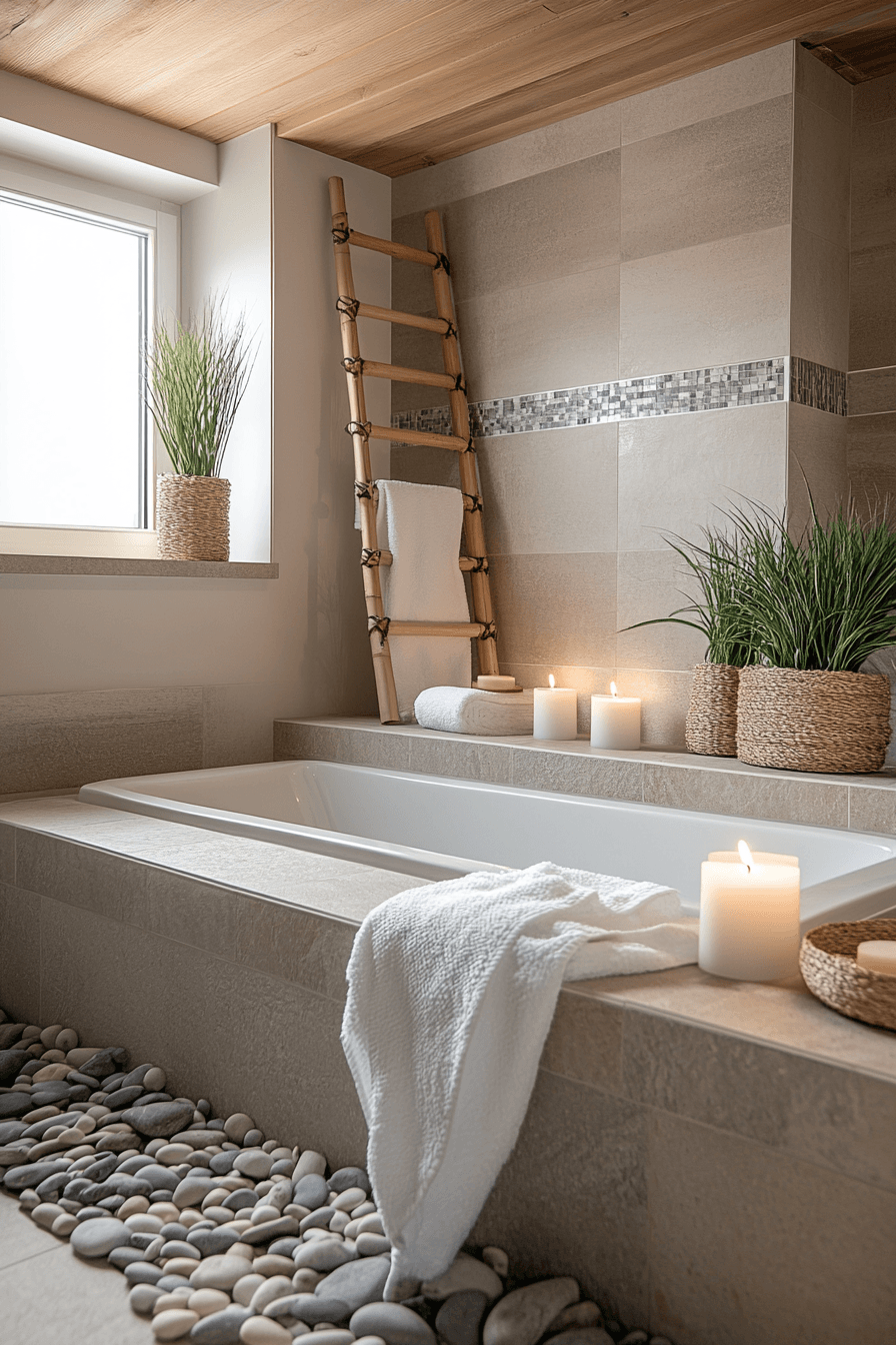 Japanese coastal bathroom with stone tile, pale wood, and a soaking tub