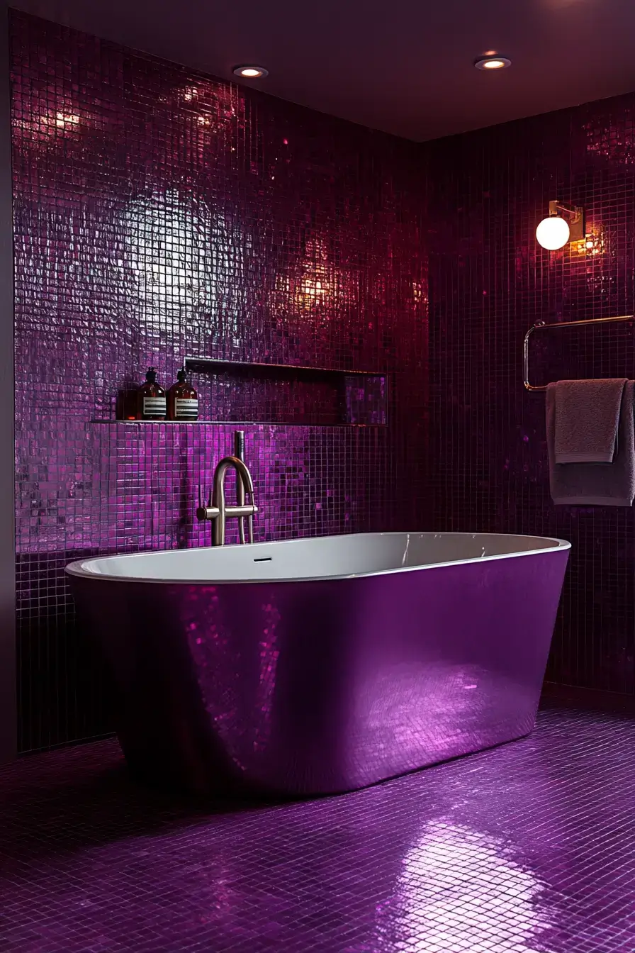 A jewel-toned bathroom with rich purple shades and elegant accents