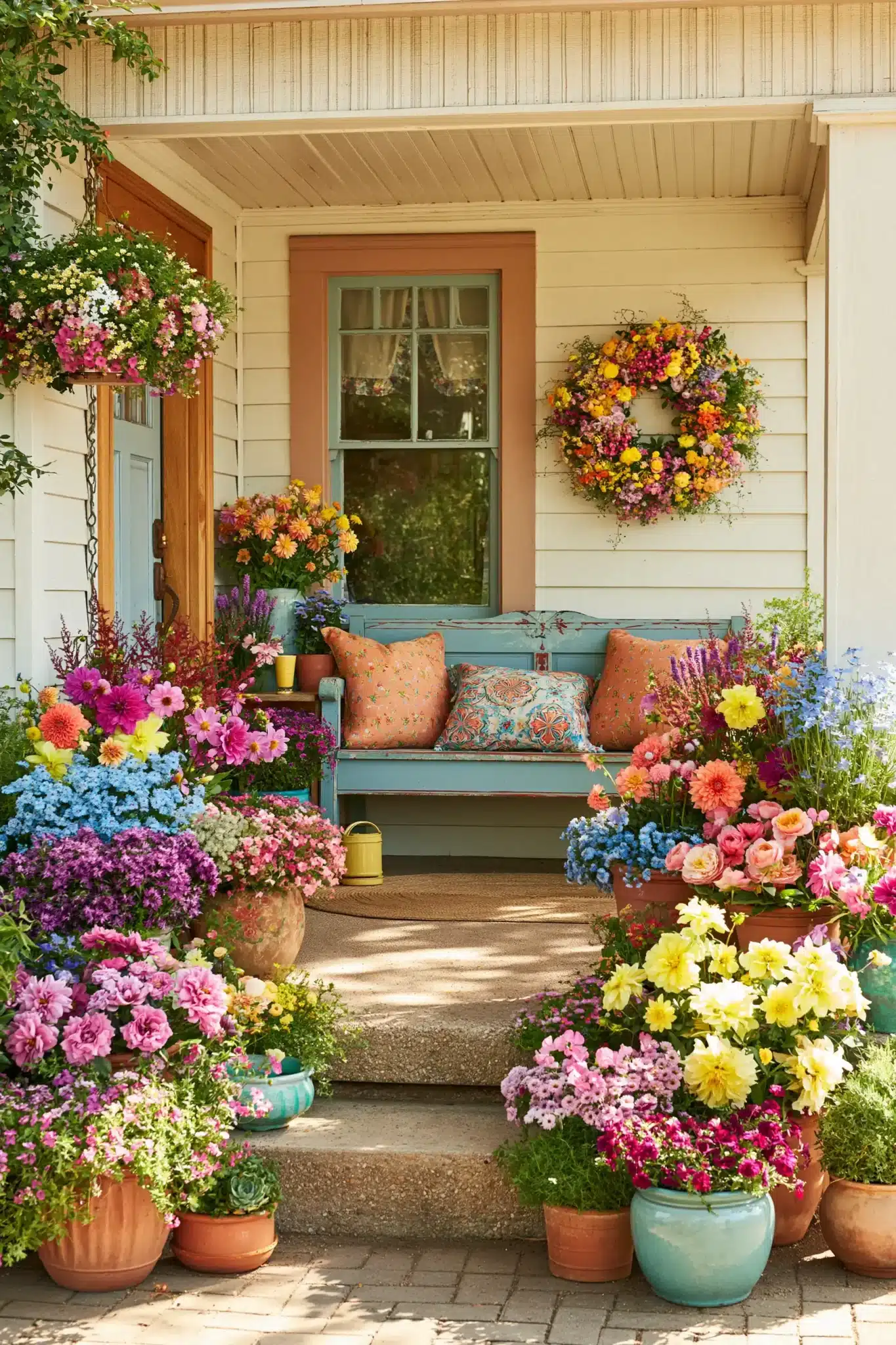 A colorful spring cottage porch with mixed flowers, playful planters, and cheerful accents.