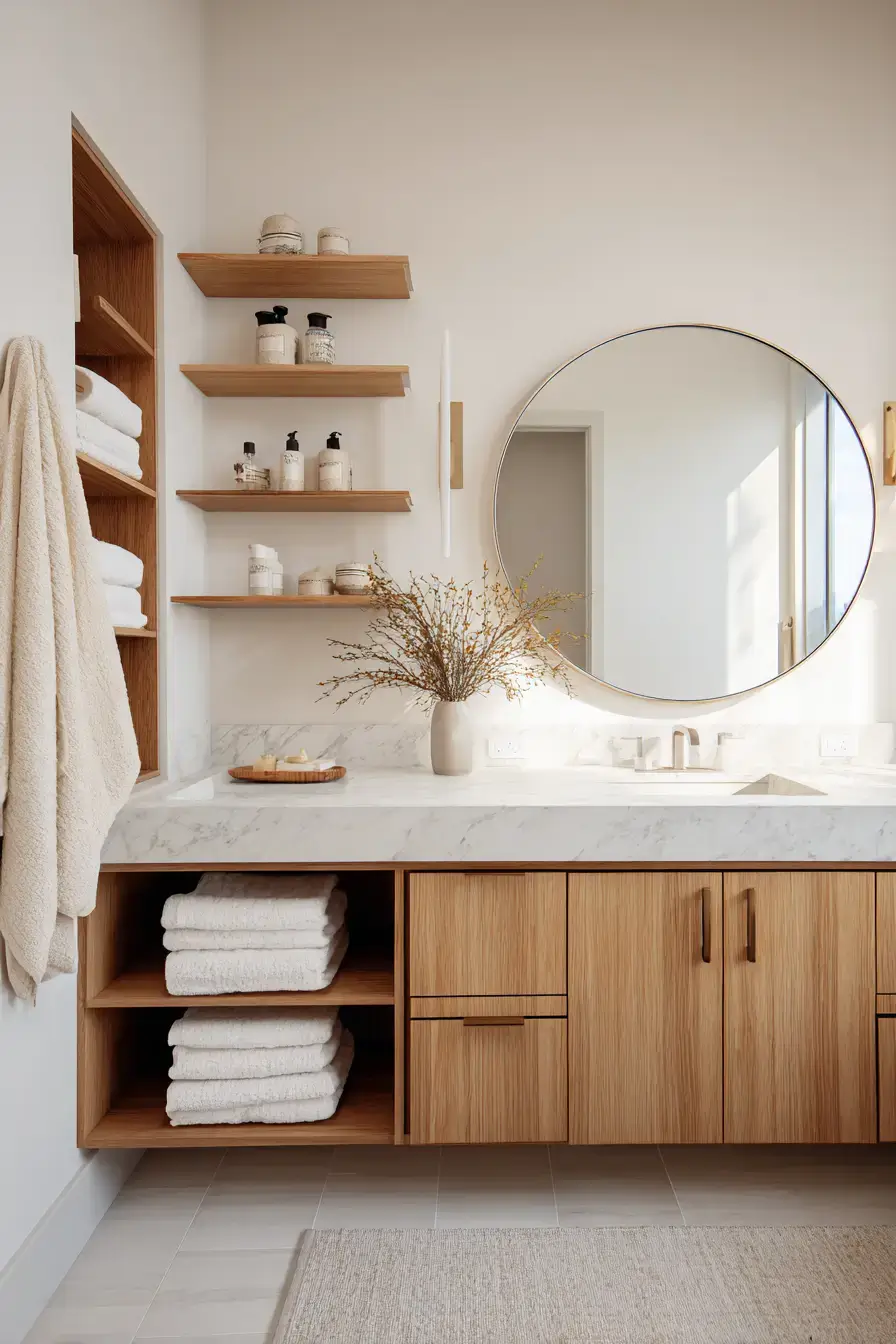 Scandinavian-inspired bathroom with white finishes and natural wood