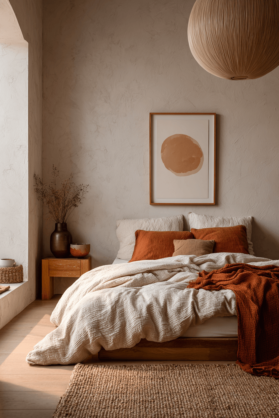 Warm minimalist bedroom with simple decor, neutral bedding, and wood furniture