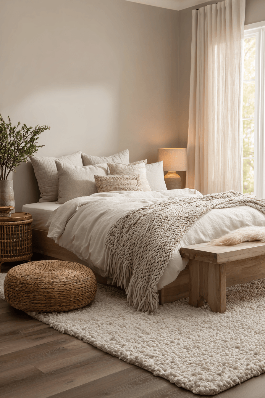Soft neutral warm bedroom with layered bedding, wood furniture, and simple decor