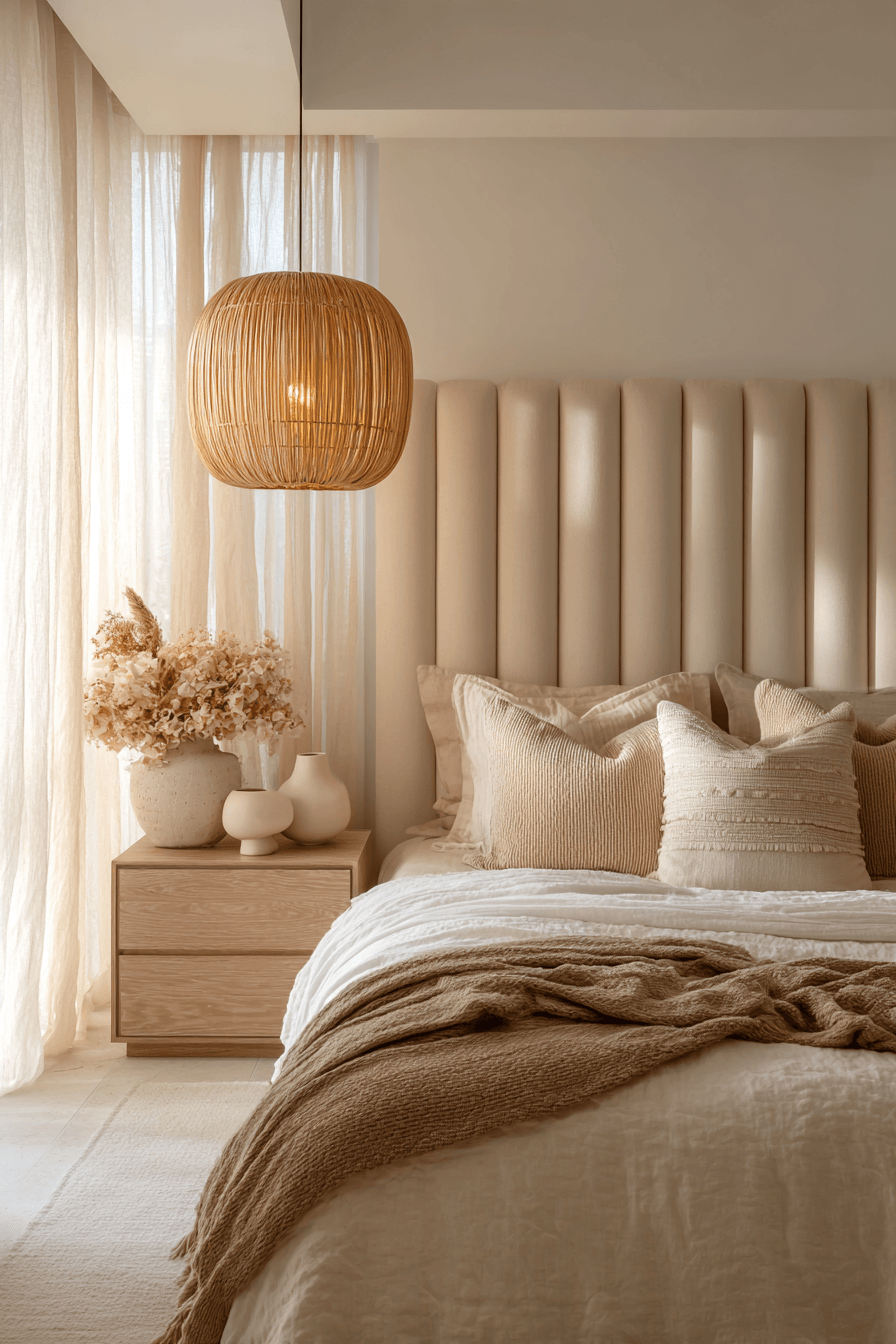 Soft beige bedroom with cozy bedding, warm lighting, and natural textures