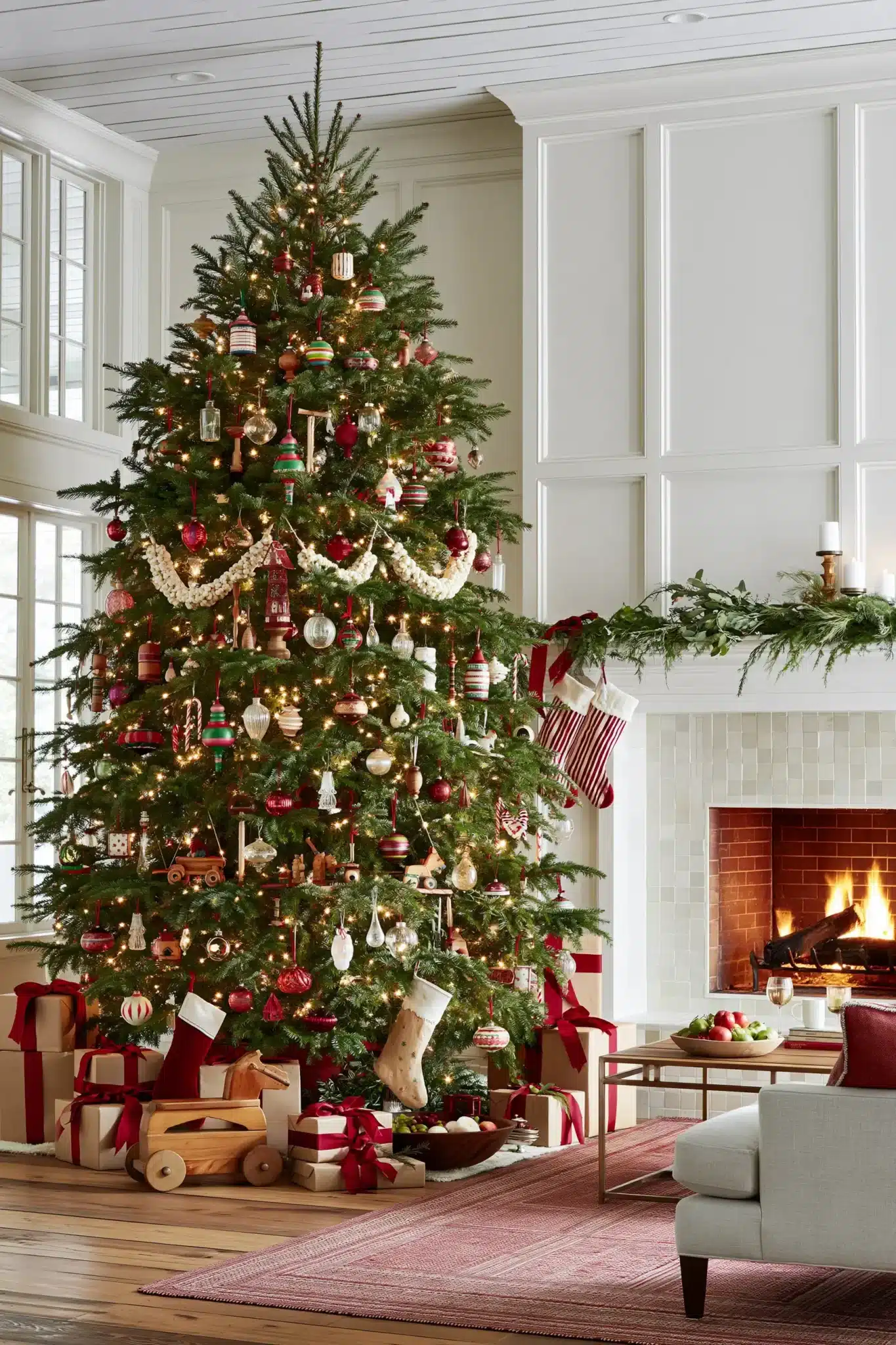 Old-fashioned Christmas decor with handmade ornaments, vintage stockings, and nostalgic holiday details.