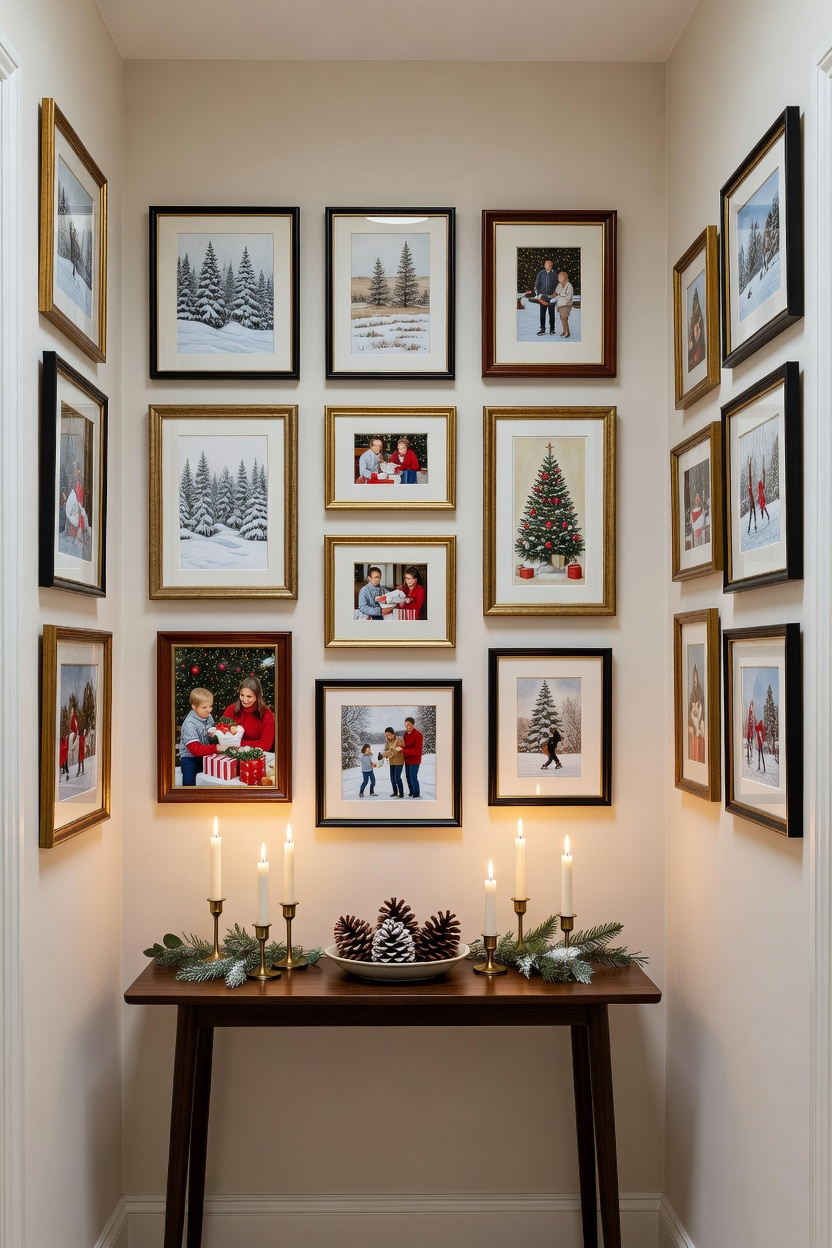 Hallway decorated with a gallery wall of winter prints and family holiday photos