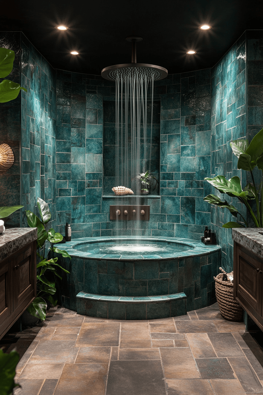 Lagoon-inspired bathroom with deep teal walls, tropical greenery, and natural wood accents