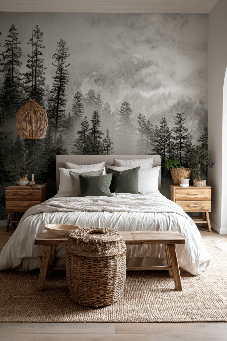 Bedroom with a large nature mural, neutral furniture, and simple natural textiles