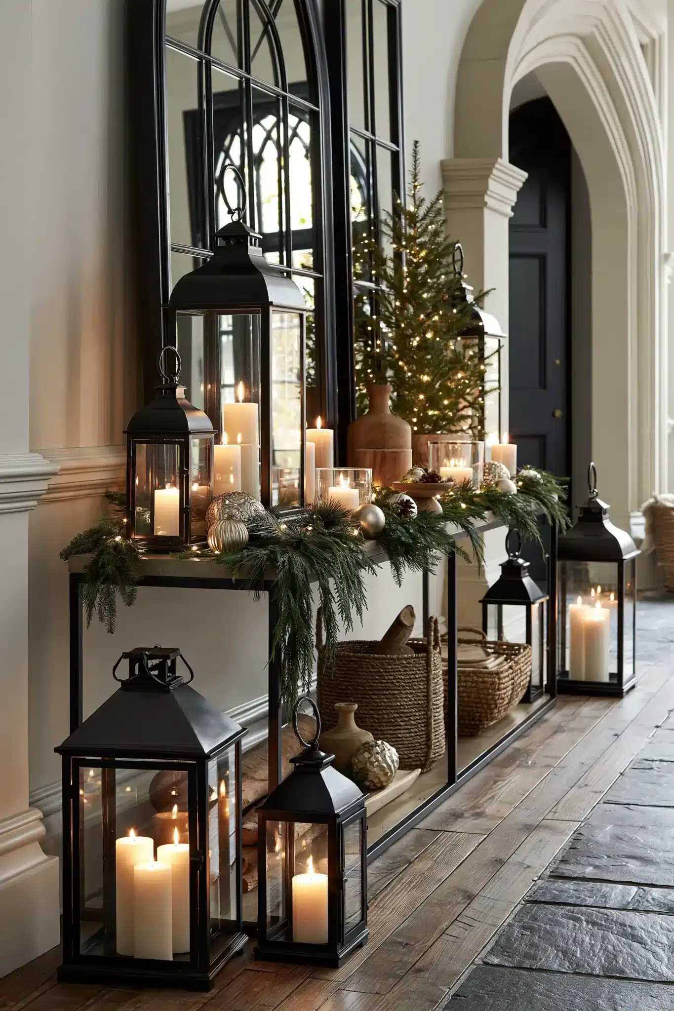 Christmas entryway table styled with lanterns, candles, greenery, and ornaments