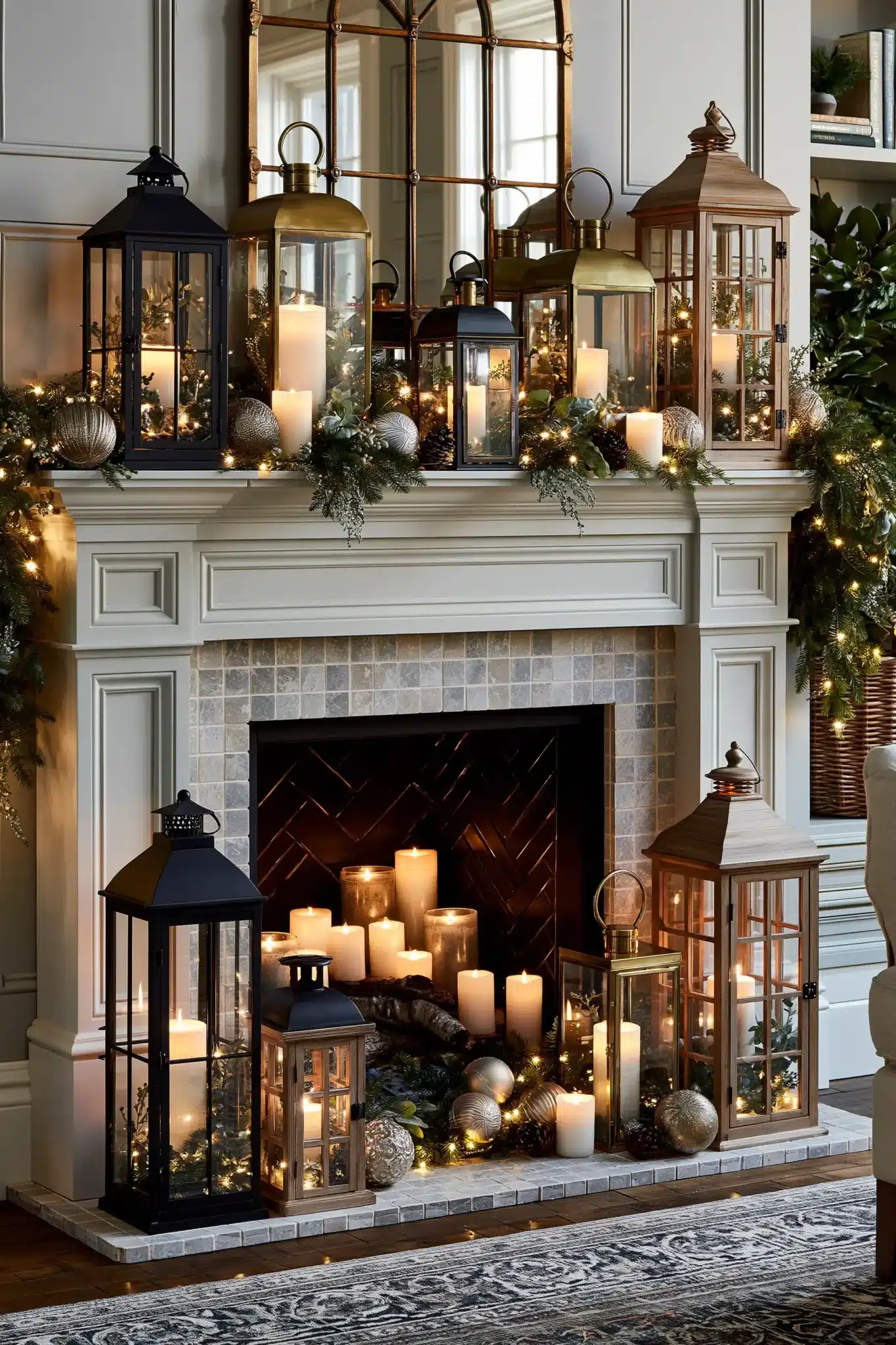 A festive hearth with glowing lanterns, candles, and Christmas greenery.