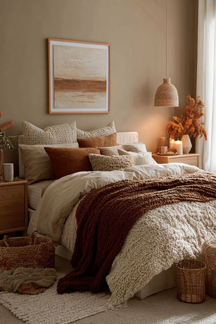 A latte-inspired bedroom with layered neutral bedding and warm wood furniture