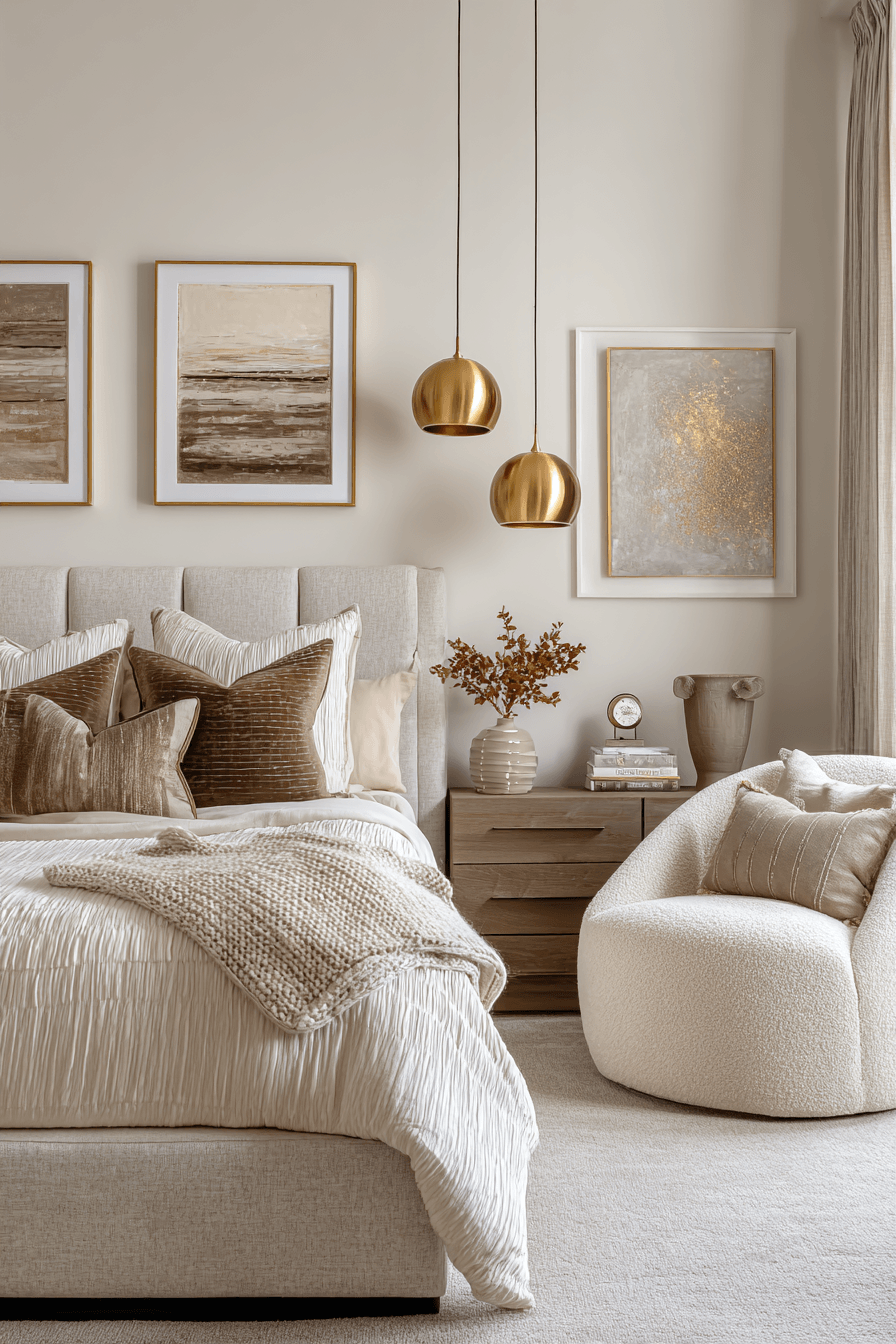 Latte-toned warm neutral bedroom with taupe walls, mocha pillows, and boucle chair