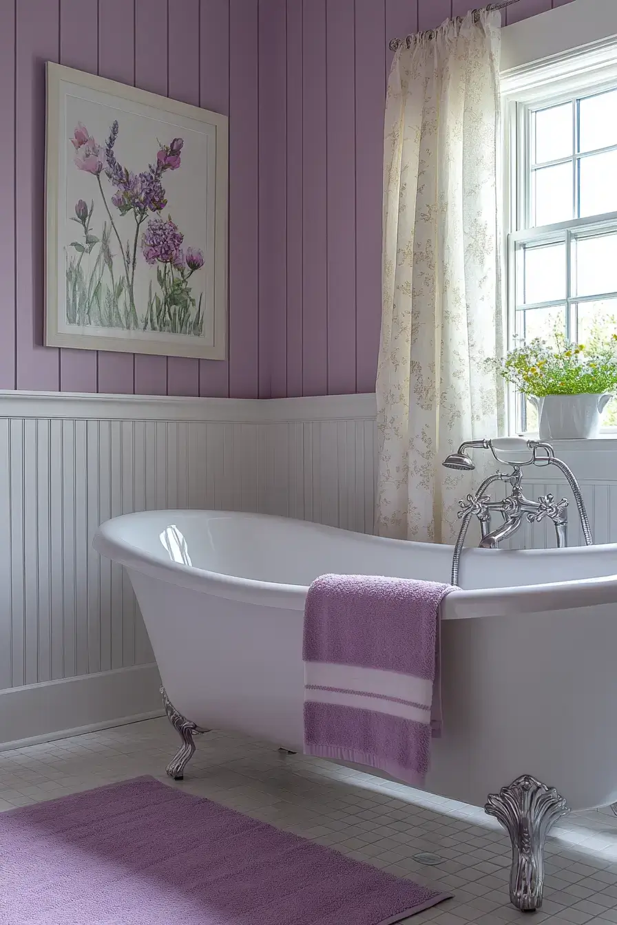 A bright bathroom with lavender walls and white cabinetry