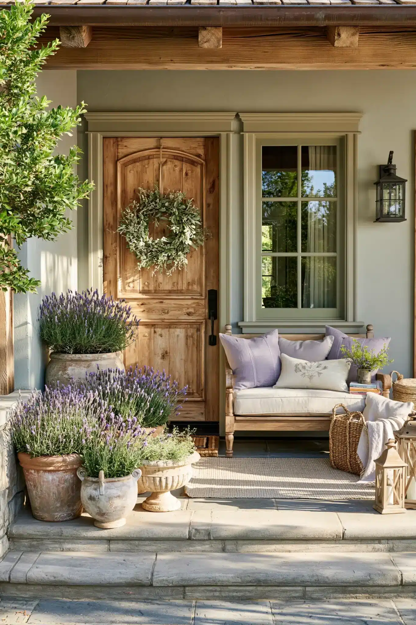 A serene spring porch decorated with lavender plants, natural pots, and soft neutral accents.