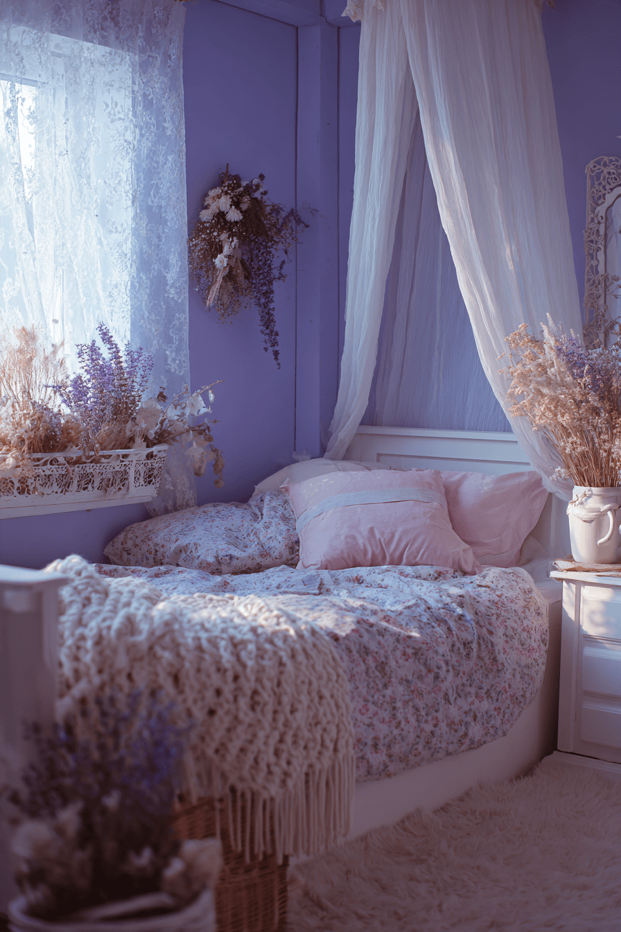 Cottage-style lavender bedroom with vintage furniture and floral touches