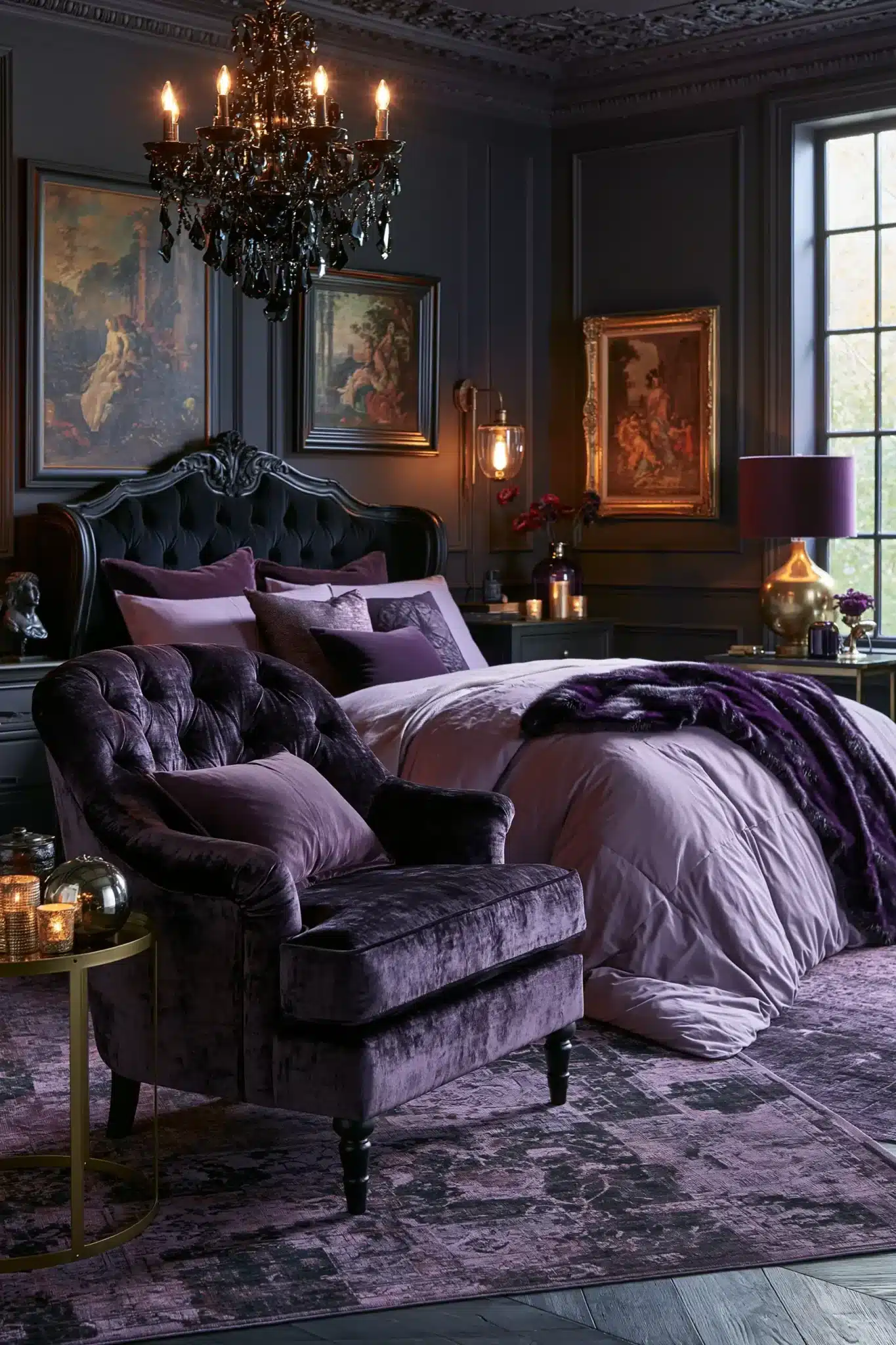 Purple gothic bedroom with lavender accents, dark walls, metallic decor, and rich fabrics.