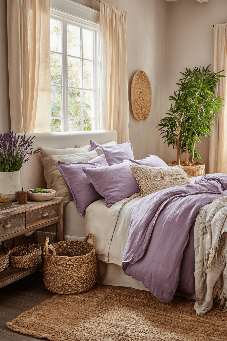 Soft lavender and linen bedroom with woven accents and neutral textures