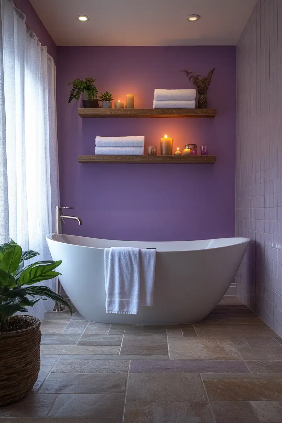 A calming lavender bathroom with white tile, brushed nickel fixtures, and natural wood accents