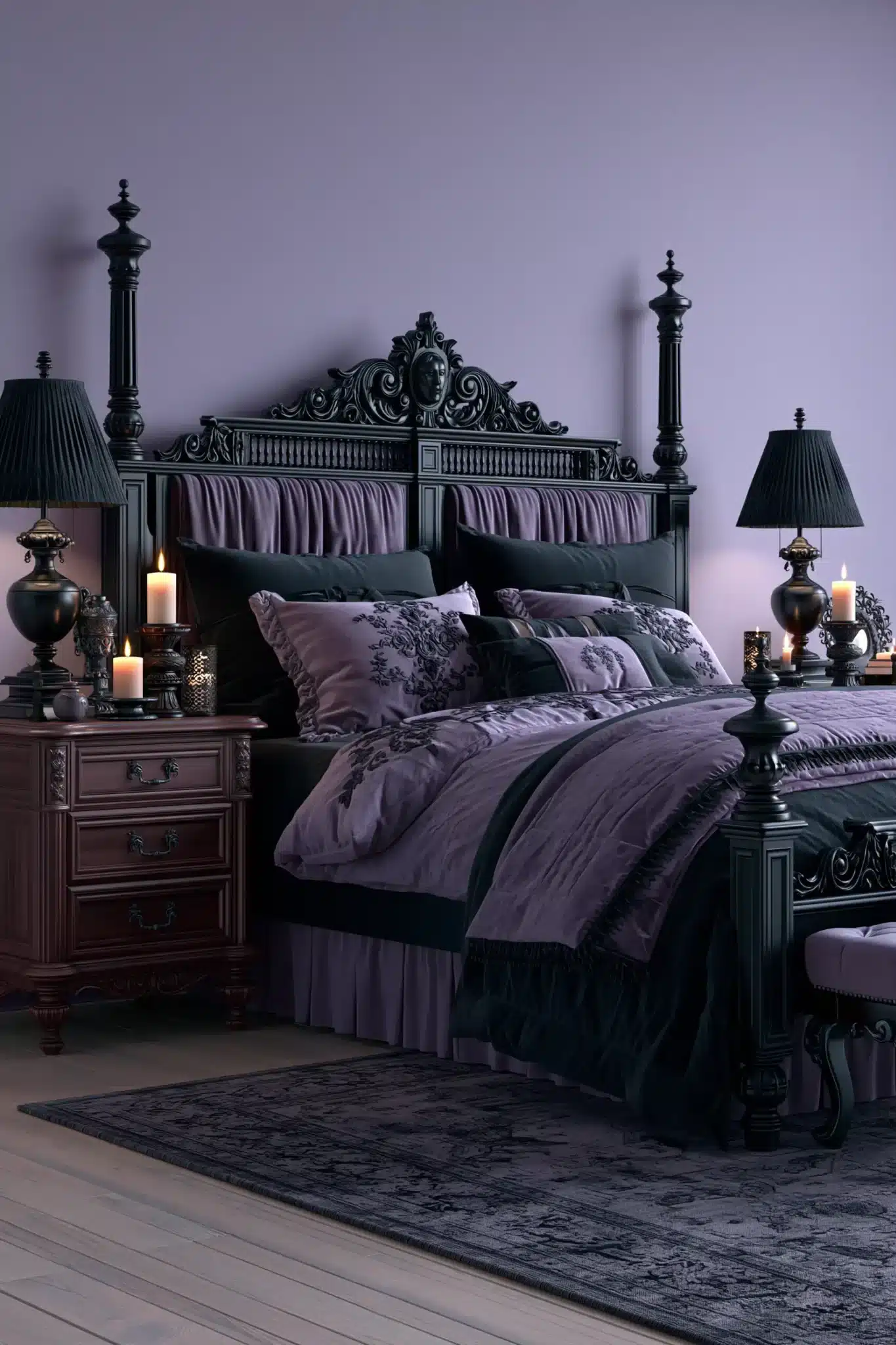 Soft lavender purple gothic bedroom with dark accents, candles, and textured bedding.