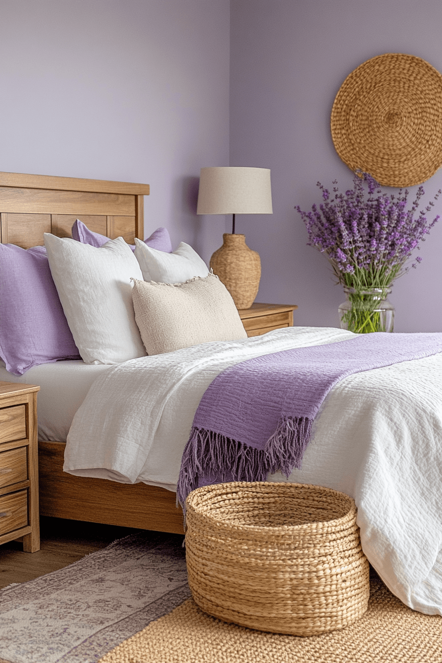 Lavender bedroom with natural wood furniture and woven accents