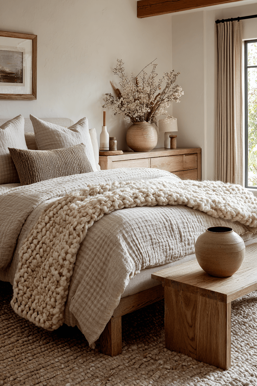 Warm bedroom with layered textures, woven rug, and cozy bedding