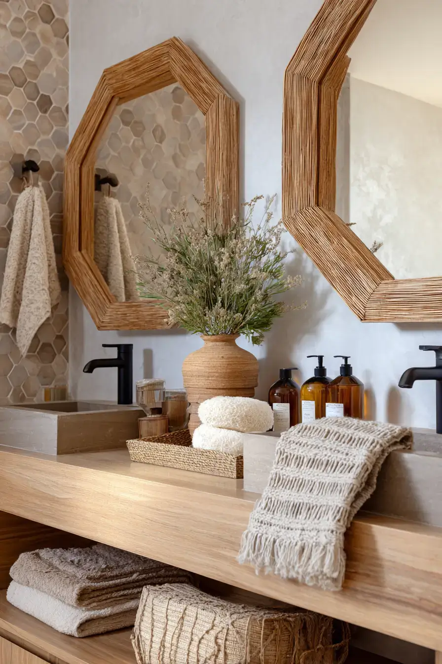 Boho bathroom with woven textures, rattan accents, and earthy decor