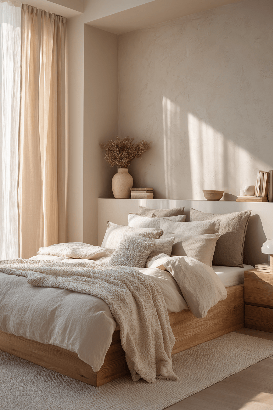 Warm neutral bedroom with beige bedding, wood furniture, and soft layered textures
